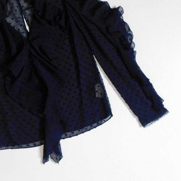NICHOLAS Navy Blue Swiss Dot Cutout Cold Shoulder Top Blouse Ruffle Size 0 - Picture 6 of 15